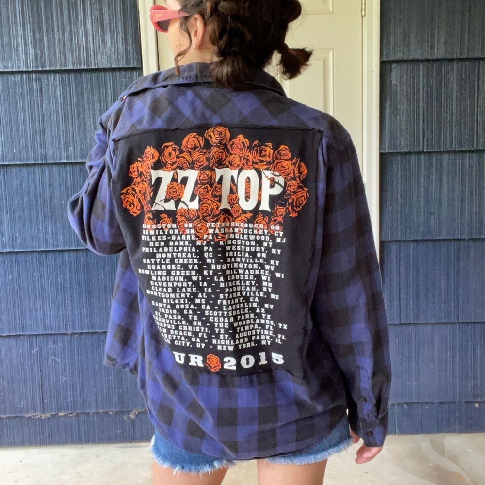 ZZ Top Tour List UPCYCLED Blue Button Up Flannel